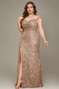 Curveins Plus Size V Neck Side Slit Spaghetti Strap Sequin Fitted Maxi Dress