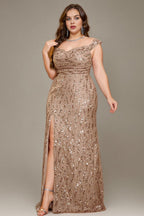 Curveins Plus Size V Neck Side Slit Spaghetti Strap Sequin Fitted Maxi Dress