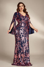 Curveins Plus Size Elegant V-Neck Sequin Bodycon Dress with Slit Sleeves