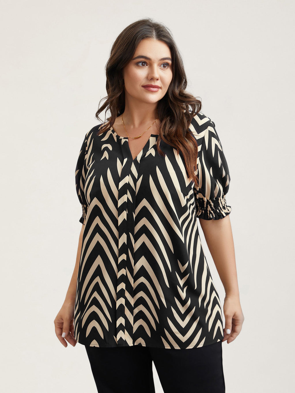 Geometric Print Ruffled Shirred Blouse