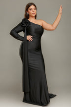 Curveins Plus Size Elegant One Shoulder 3D Floral Sash Detail High Slit Bodycon Maxi Dress
