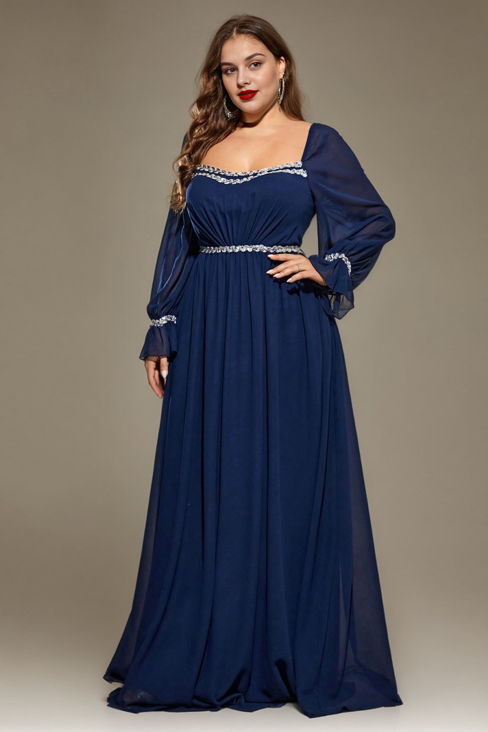 Curveins Plus Size Square Neck Long Sleeve Maxi Dress with Ruched Waist