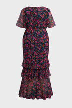 Curveins Plus Size V-Neck Batwing Sleeve Printed Maxi Dress with Ruched Detail