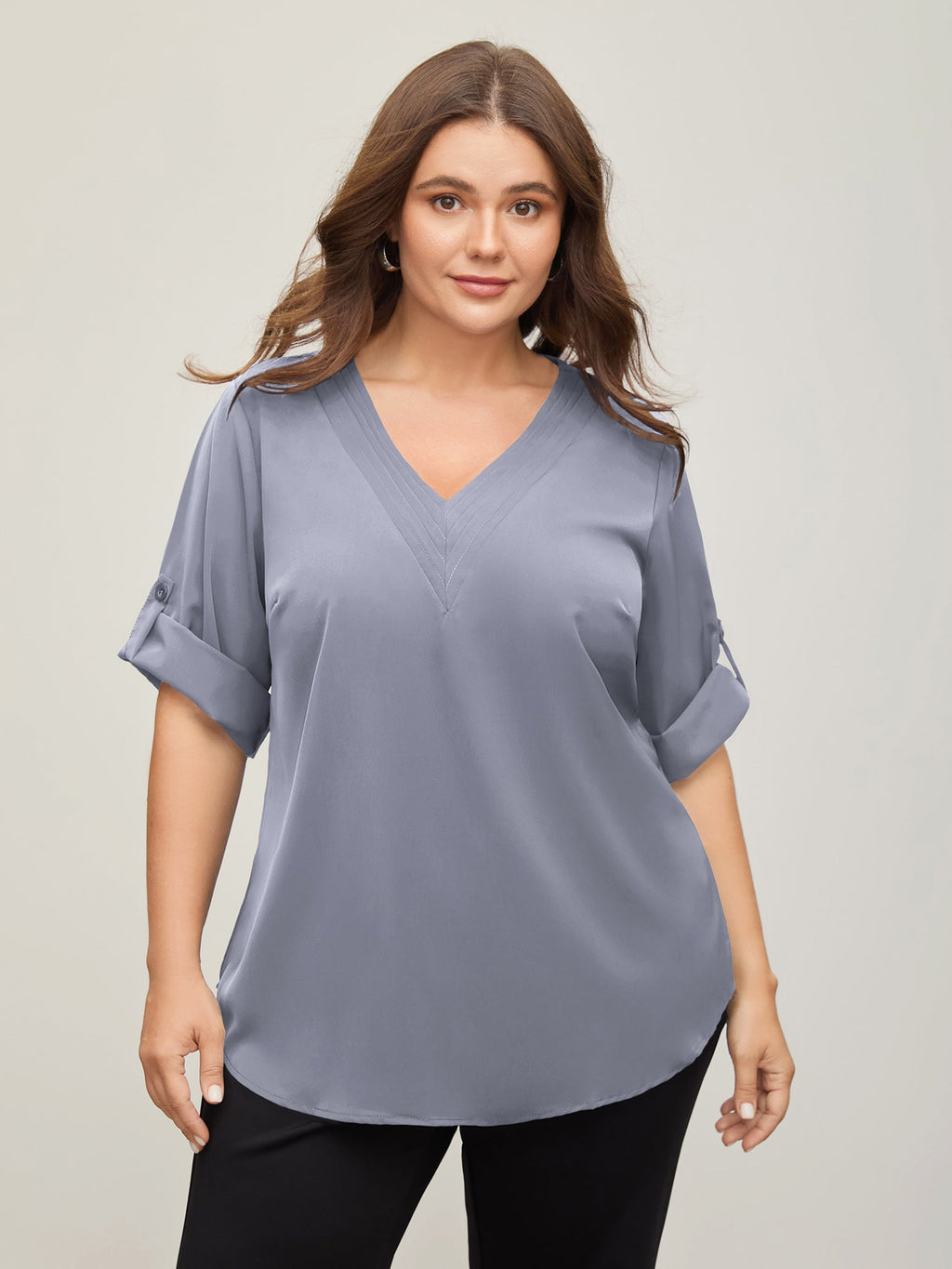 V Neck Plain Pleated Tab Sleeve Blouse