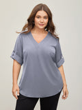 V Neck Plain Pleated Tab Sleeve Blouse