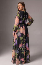 Curveins Plus Size V Neck Floral Long Sleeve Waist Tie Elegant Maxi Dress
