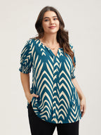 Geometric Print Ruffled Shirred Blouse