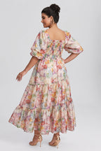 Curveins Plus Size V-Neck Flower Print Pleated Maxi Dress