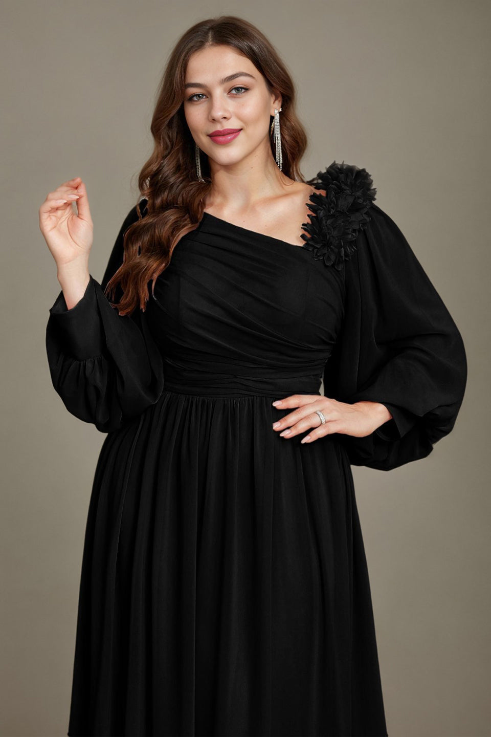 Curveins Plus Size One Shoulder Chiffon 3D Flower Detail Elegant Flowy Maxi Dress