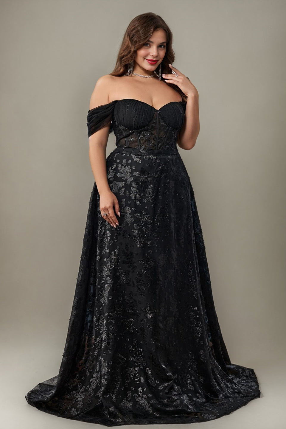 Curveins Plus Size Sparkly Floral Off Shoulder Fitted Waist Maxi Dress