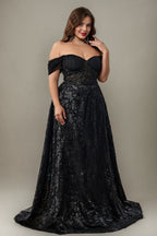 Curveins Plus Size Sparkly Floral Off Shoulder Fitted Waist Maxi Dress