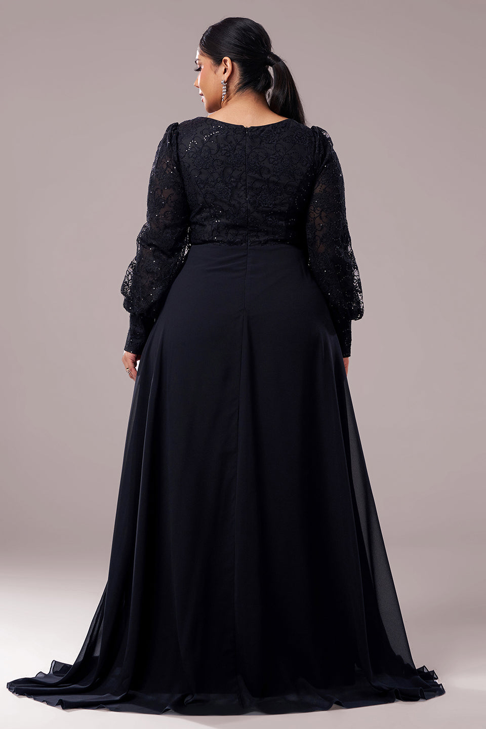 Curveins Plus Size V-Neck Long Sleeve Elegant Panel Maxi Dress