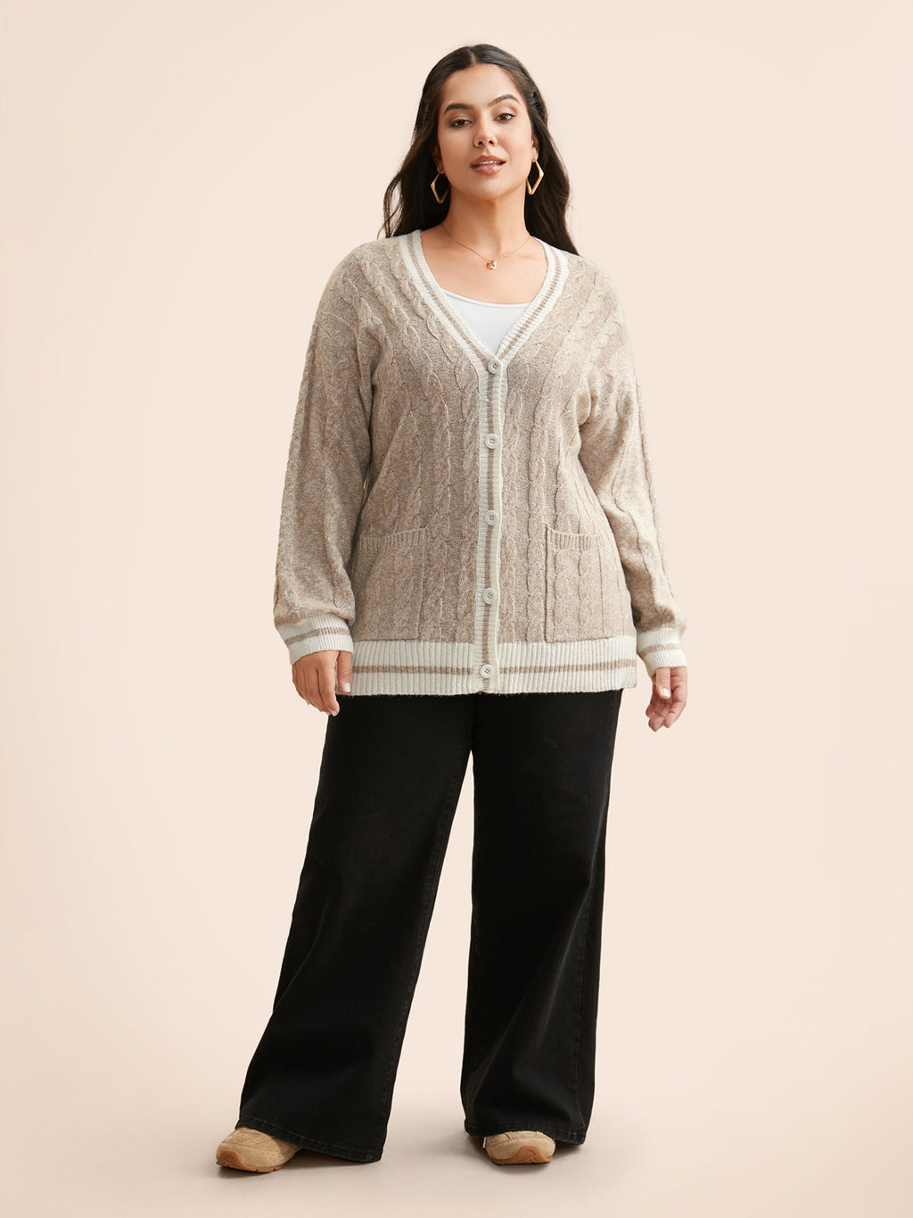 Contrast Trim Cable Knit Pocket Cardigan