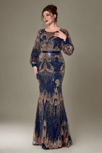 Curveins Plus Size Round Neck Long Sleeve Sequin Fishtail Maxi Dress