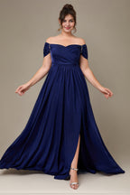 Curveins Plus Size Off Shoulder Wrinkle Detail Split Hem Flared Maxi Dress