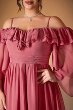 Curveins Plus Size Off-Shoulder Long Sleeve Solid Color Waist-Defined Maxi Dress