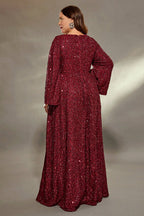 Curveins Plus Size Round Neck Long Sleeve Sequin Maxi Dress with Cinched Waist