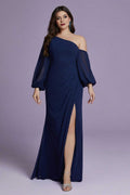 Curveins Plus Size Cold Shoulder Long Sleeve Fitted Maxi Dress with Split Hem