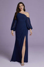 Curveins Plus Size Cold Shoulder Long Sleeve Fitted Maxi Dress with Split Hem