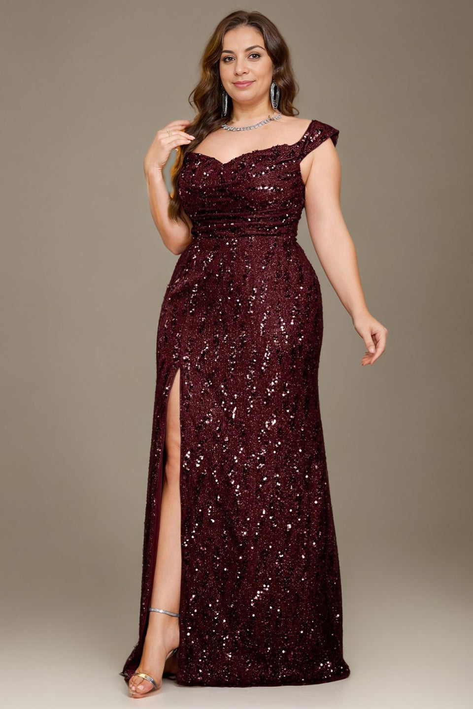 Curveins Plus Size V Neck Side Slit Spaghetti Strap Sequin Fitted Maxi Dress