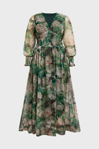 Curveins Plus Size V Neck Long Sleeve Floral Waist Maxi Dress