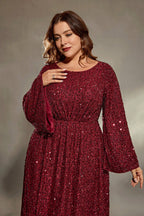 Curveins Plus Size Round Neck Long Sleeve Sequin Maxi Dress with Cinched Waist