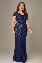 Curveins Plus Size V Neck Ruched Cross Front Sequin Mermaid Bodycon Maxi Dress