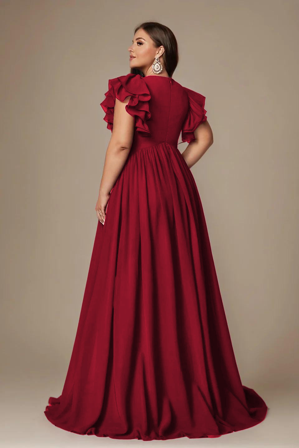 Curveins Plus Size V-Neck Ruffle Sleeve Split A-Line Maxi Dress