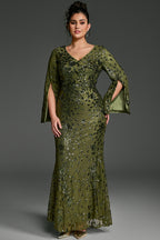 Curveins Plus Size V-Neck Long Sleeves Sequin Floral Bodycon Maxi Dress