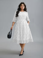 Crew Neck Polka Dot Waist Cinched Dress
