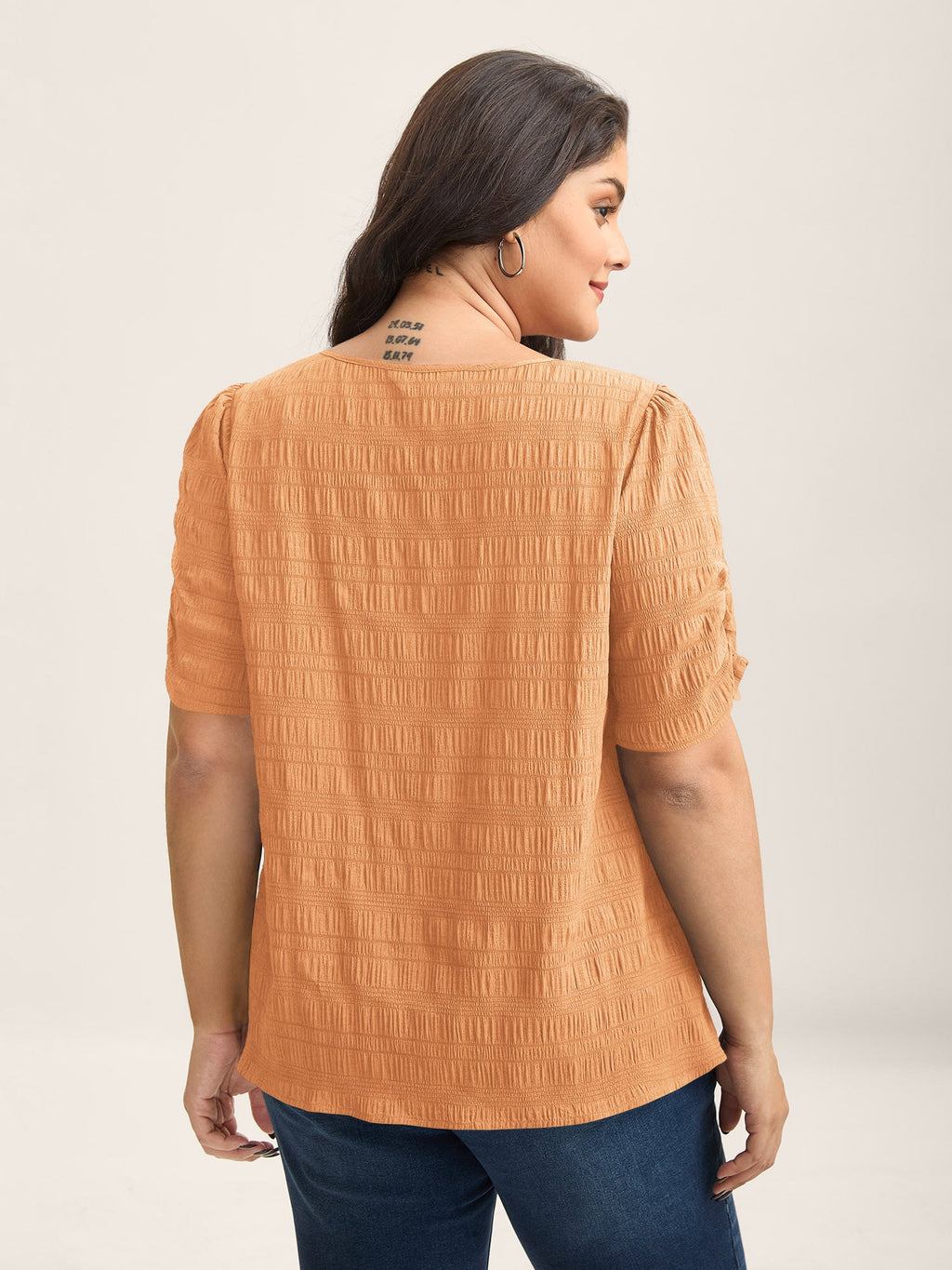 Textured Gathered Sleeve Split Neck Blouse