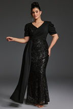 Curveins Plus Size V-Neck Sequin Patchwork Pattern Maxi Dress