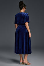 Curveins Plus Size Velvet V-Neck Ruched Hem Maxi Dress