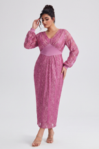 Curveins Plus Size V-Neck Sequin Balloon Sleeve Back-Slit Elegant Evening Maxi Dress