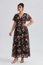 Curveins Plus Size V Neck Batwing Sleeve Floral Print Flowing Maxi Dress