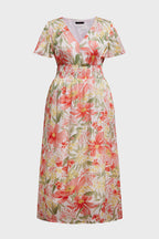 Curveins Plus Size V Neck Batwing Sleeve Cinched Waist Floral Pattern Maxi Dress