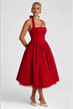 Curveins Plus Size Halter Neck Spaghetti Strap Sleeveless Puff Skirt Midi Dress