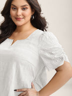 Textured Gathered Sleeve Split Neck Blouse
