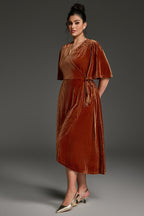 Curveins Plus Size Wrap V-Neck Belted Asymmetrical Hem Midi Dress