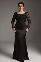 Curveins Plus Size Round Neck Long Sleeve Patchwork Ruched Waist Bodycon Maxi Dress