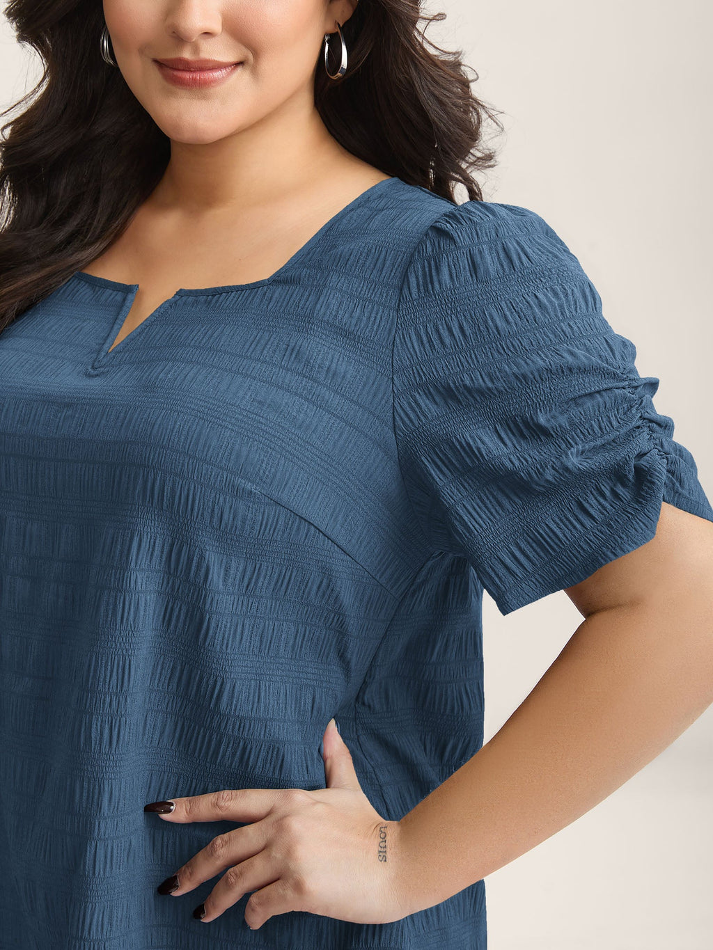 Textured Gathered Sleeve Split Neck Blouse