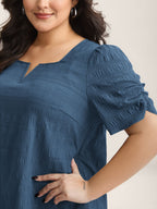 Textured Gathered Sleeve Split Neck Blouse