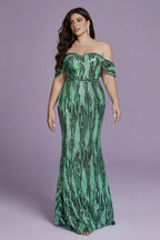 Curveins Plus Size Off-Shoulder Bodycon Sequin Maxi Dress with Textured Detailing