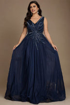 Curveins Elegant Plus Size V-Neck Sleeveless Glitter Pleated Evening Gown