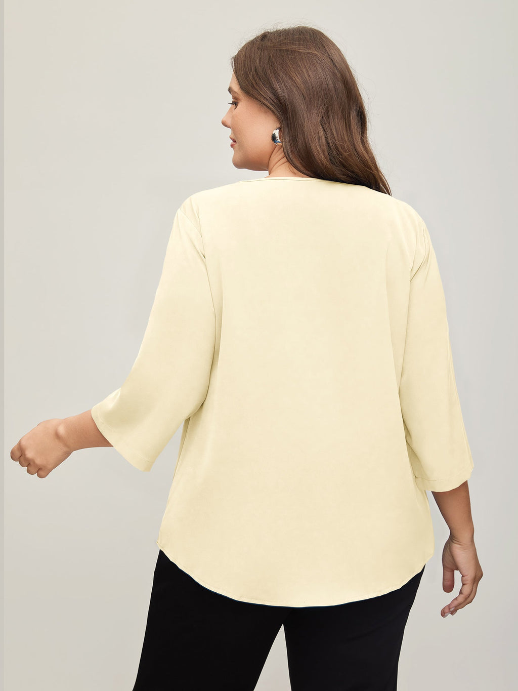 V Neck Plain Pleated Tab Sleeve Blouse