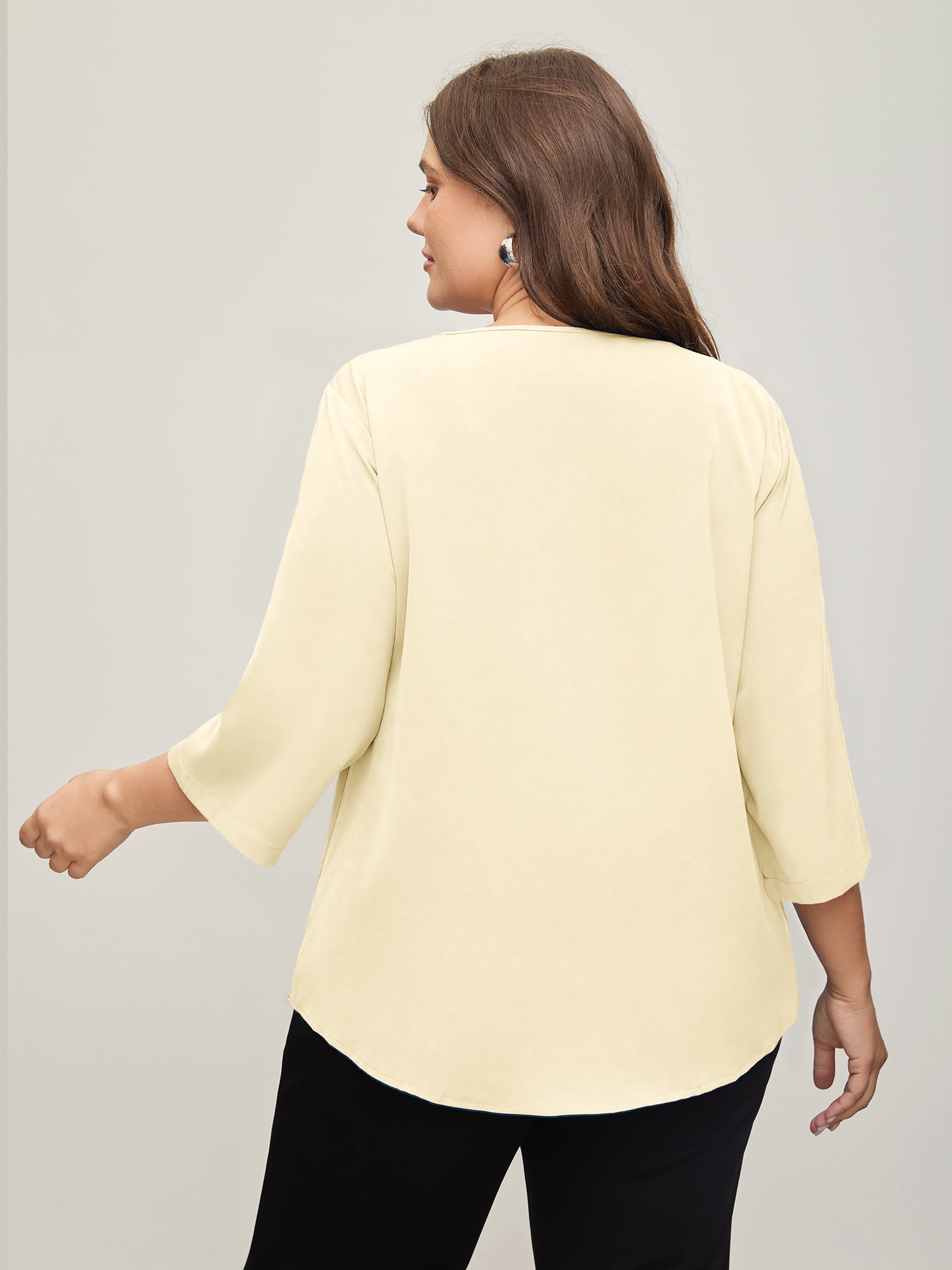 V Neck Plain Pleated Tab Sleeve Blouse