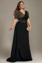 Curveins Elegant Plus Size Spliced V-Neck Floral Waistline Long Dress