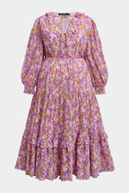 Curveins Plus Size V-Neck Floral Waist-Cinching Maxi Dress with Lantern Sleeves