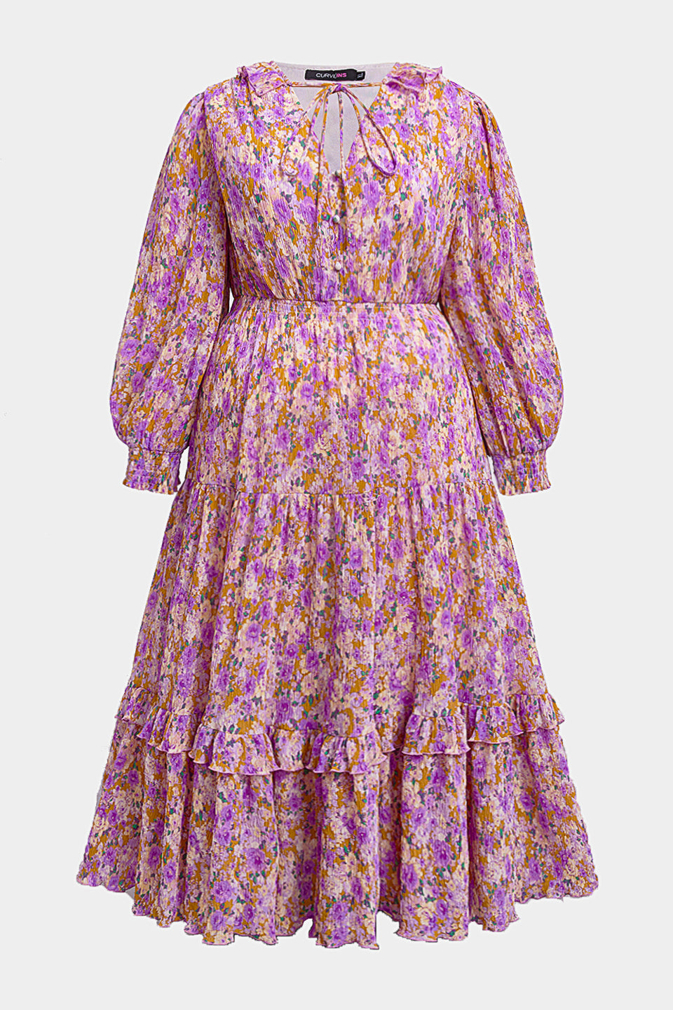 Curveins Plus Size V-Neck Floral Waist-Cinching Maxi Dress with Lantern Sleeves