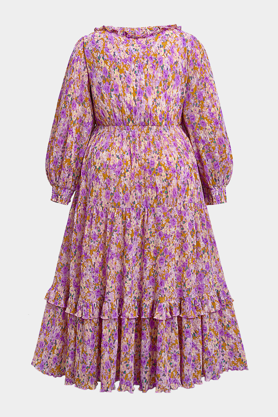 Curveins Plus Size V-Neck Floral Waist-Cinching Maxi Dress with Lantern Sleeves